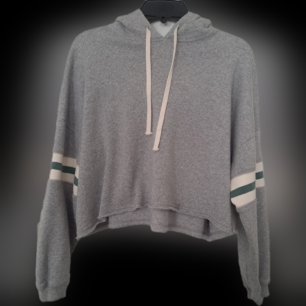 American Eagle Gray Oversized Relaxed Fit Hooded Sweatshirt Striped Tall XS